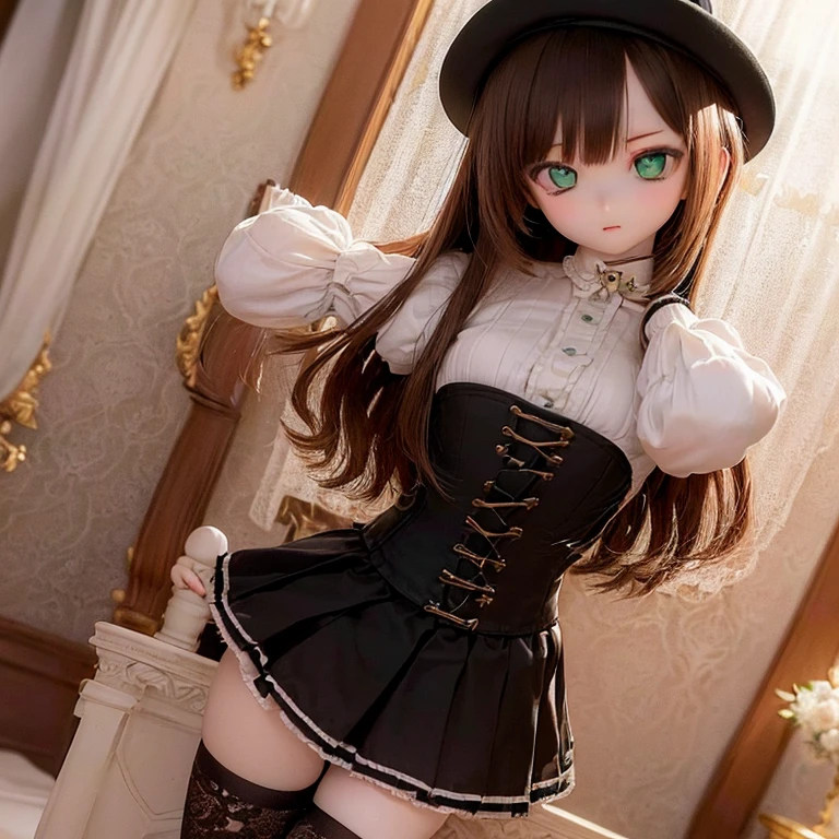 (SFW:2), photorealistic, realistic photo, 8k, ((highest quality)), ((masterpiece)), (extremely detailed), kukolnydom, doll, (mature woman, 21yo, 21 years old, solo:1.6), ((dutch angle, dynamic pose, slim, slender, skinny, medium breasts, bowler hat, frilled shirt, puffy sleeves, corset, tiered pannier skirt, thigh-high socks)), (green eyes, brown hair, long hair, plastic skin, looking at another, glass eyes, gradient eyes, shining eyes, detailed eyes:1.3)