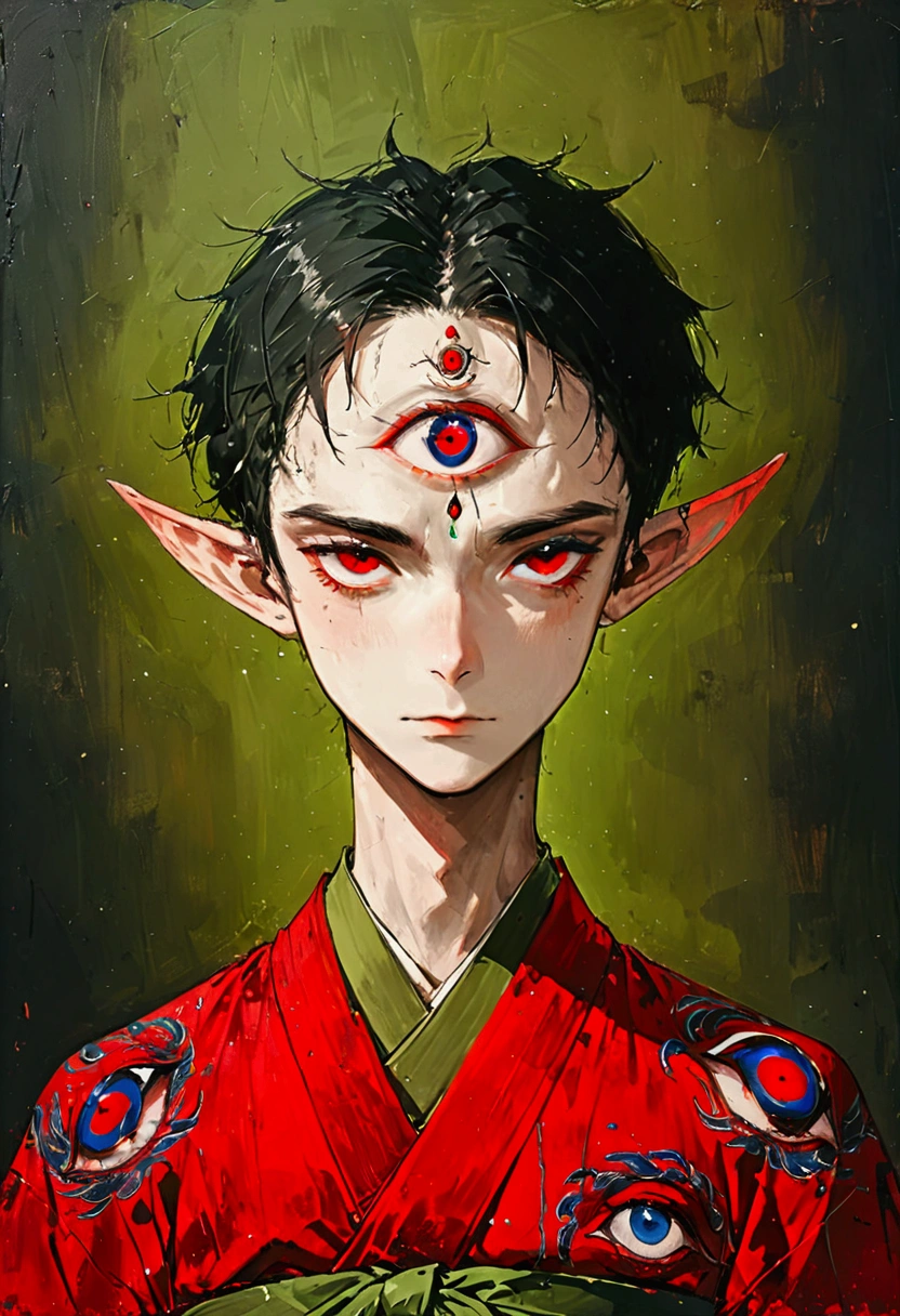 Art Illustration，Dark Style，(((1 Boy，独奏，third eye on the forehead，Elf ears))),(((Gorgeous Japanese red kimono：1.6，Eye Diagram，Dark Pattern))).(((Thin waist，Greenbelt：1.37)))