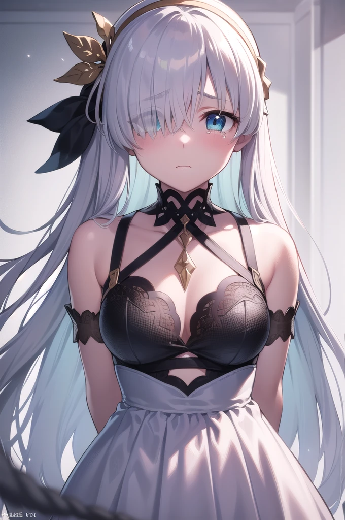 (((Are standing)))),((Tied up with rope)),((Lots of rope)),fgo anastasia,((((Tied up with countless ropes)))), ((Both arms are tied behind their backs))blue eyes, Grey Hair, Hair between the eyes, (Hair on one eye:1.5), Long Hair, bangs,Exposed shoulders,Beautiful eyes like jewels,((((((Portrait of a single person)))))),((Are crying)),((Blushing)),
break , brown hair band, dress, , hair band,,, tachi-e,, 
break (masterpiece:1.2), Highest quality, High resolution, unity 8k wallpaper, (figure:0.8), (Beautiful attention to detail:1.6), Highly detailed face, Perfect lighting, Highly detailed CG, (Perfect hands, Perfect Anatomy),