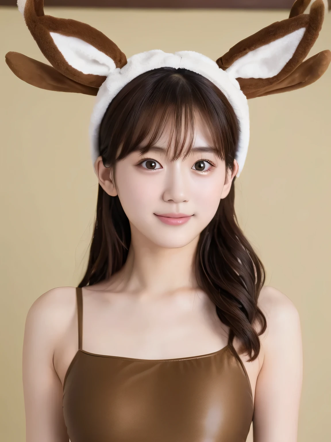 (masterpiece:1.2) 、 (best quality:1.2)、 (ultra-detailed:1.2)、Put a deer costume on your head、brown fur swimsuit、、beautiful girl、Medium Hair、(Cute pose:1.3)、Upper body only、(No background:1.4)