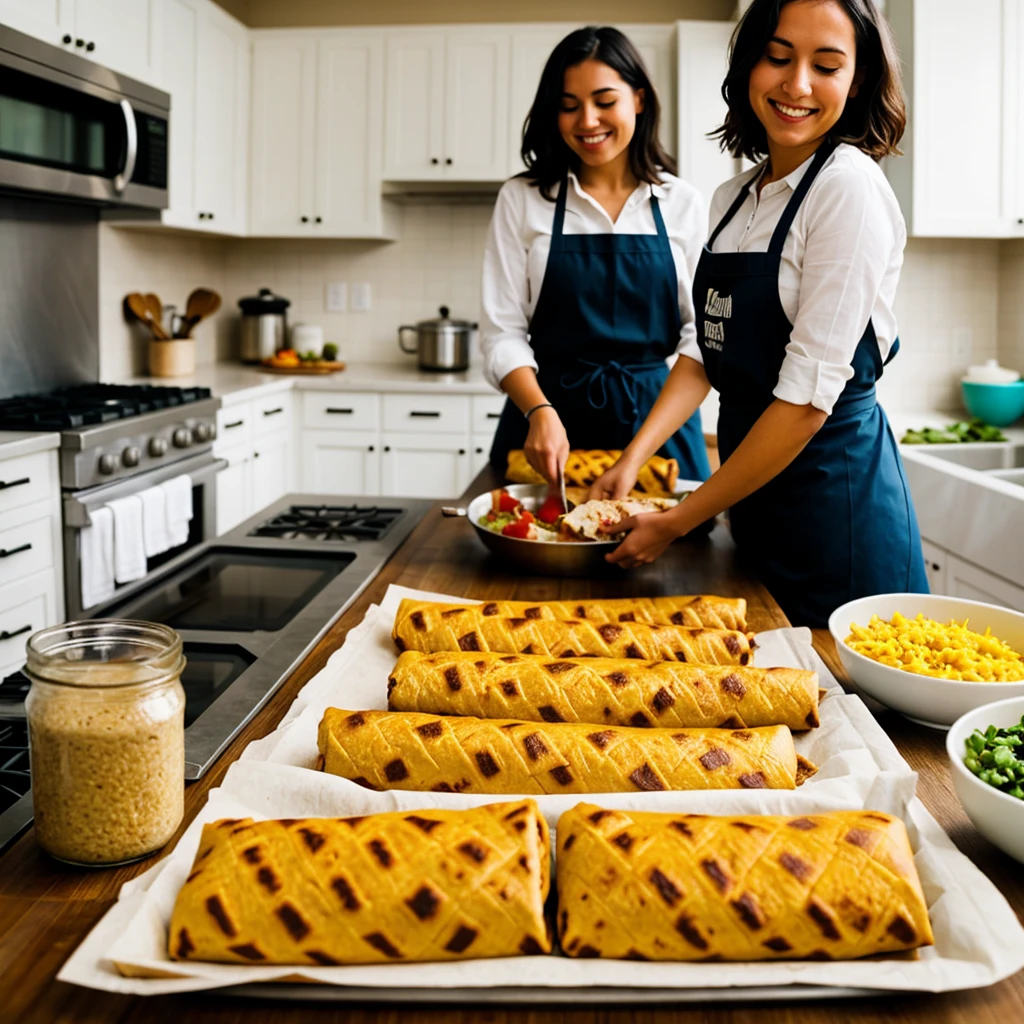 Woman preparing burritos and the table full of burritos 