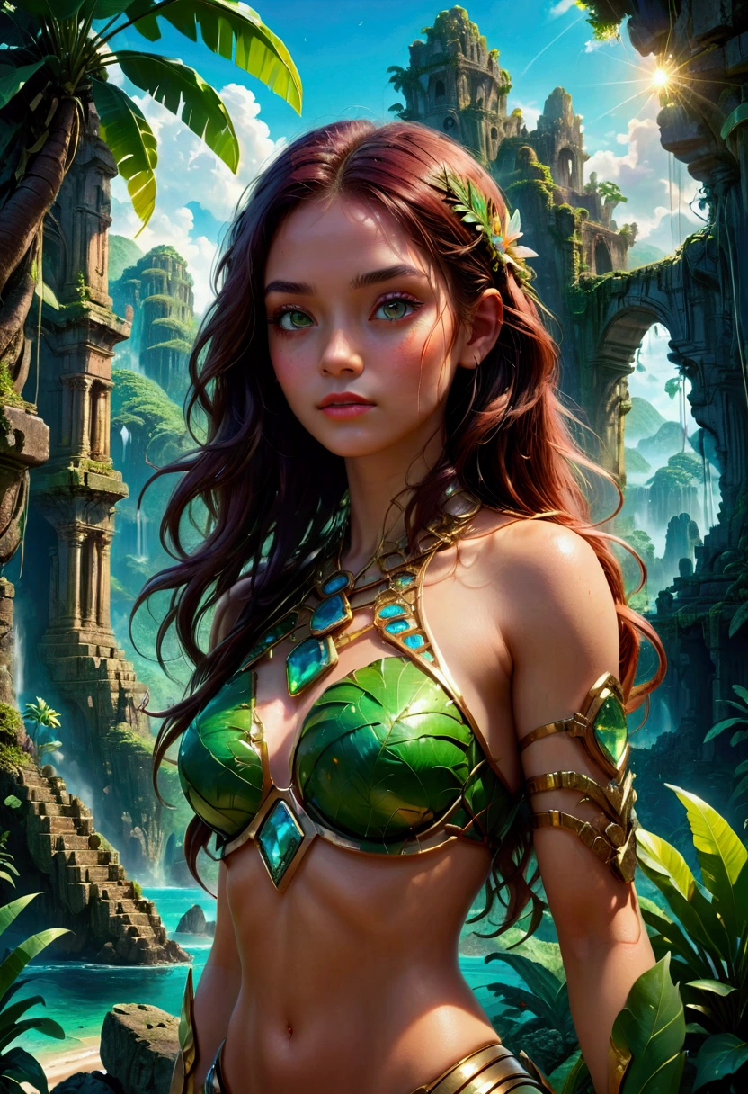 1girl, a mysterious island, a magical fantasy tropical island, lush green jungle, ancient ruins, glowing crystals, warm sunlight, vibrant colors, dramatic skies, fantasy landscape, highly detailed, cinematic lighting, intricate details, a sense of wonder and adventure, (4k,8k,highres:1.2), ultra-detailed, masterpiece, best quality, very aesthetic, absurdres