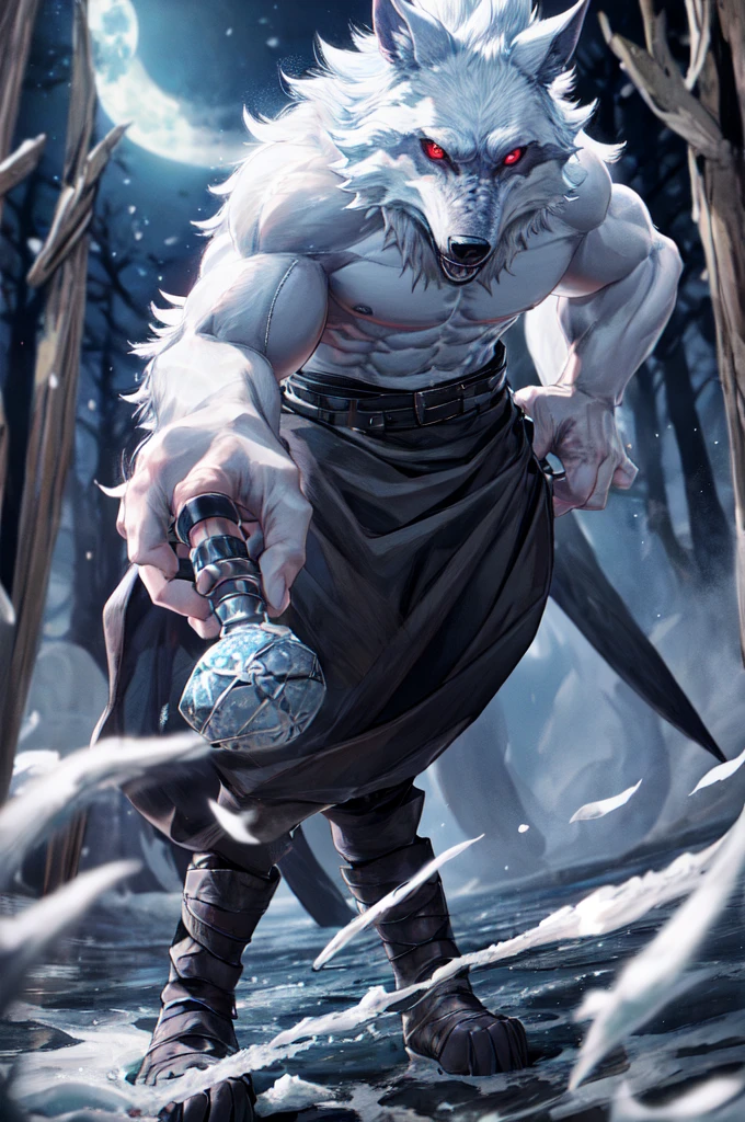 death (puss in boots), male, muscular, wolf, canid, fluffy, standing, night, forest, claws, paws, low angle view, long hair, black sclera, red eyes, tail, front view, action pose, (black poncho:1.2), clothed, bottomwear, pants, belt, white body, black fur, black fur, grey fur, forest, moonlight night,
BREAK,
by virtyalfobo, by anchee, by snowskau, by foxovh, by sabretoothed ermine, (intricate, high detail, film photography, soft focus, RAW candid cinema,
photorealism, realistic, photorealistic, analog style, subsurface scattering,
masterpiece, best quality, ultra realistic, 8k),  in back turned posing 