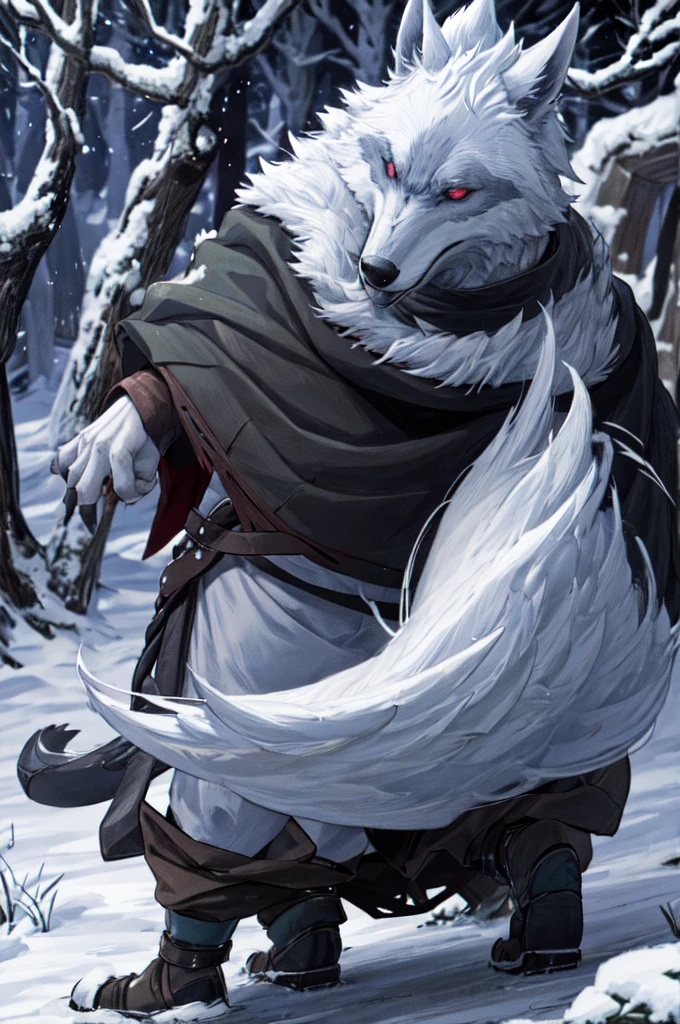 death (puss in boots), male, muscular, wolf, canid, fluffy, standing, night, forest, claws, paws, low angle view, long hair, black sclera, red eyes, tail, front view, action pose, (black poncho:1.2), clothed, bottomwear, pants, belt, white body, black fur, black fur, grey fur, forest, moonlight night,
BREAK,
by virtyalfobo, by anchee, by snowskau, by foxovh, by sabretoothed ermine, (intricate, high detail, film photography, soft focus, RAW candid cinema,
photorealism, realistic, photorealistic, analog style, subsurface scattering,
masterpiece, best quality, ultra realistic, 8k),  in back turned posing 