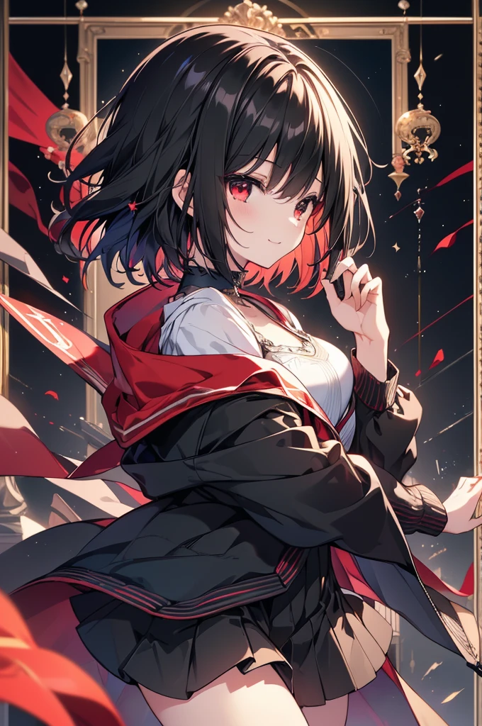 (masterpiece, highest quality, highest quality, (No text), Beautiful and aesthetic:1.2),No text,アニメ、BREAK,One Girl,Black Hair Girl short hair older sister choker Beautiful eyes Red eyes cool smile Red and Black Black jacket profile mini skirt whole body In town