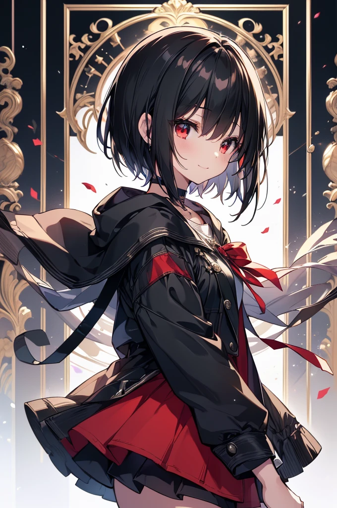 (masterpiece, highest quality, highest quality, (No text), Beautiful and aesthetic:1.2),No text,アニメ、BREAK,One Girl，Black Hair Girl　short hair　older sister　choker　Beautiful eyes　Red eyes　cool　smile　Red and Black　Black jacket　profile　mini skirt　whole body　In town