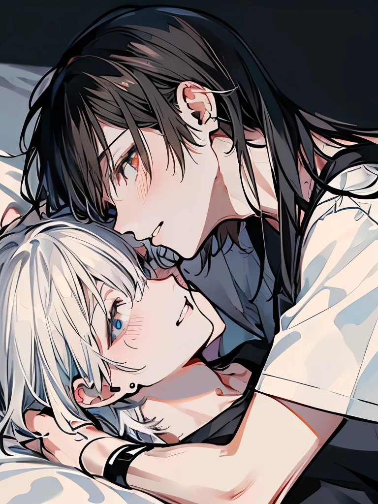 (Mastepiece), (Best Quality), Very detailed, ((Two men kissing on the cheek)), Perfect Face, (Happy Face:1.3)、Beautiful Face, Very detailed顔，(One black-haired man:1.3)，(One white-haired man:1.3)，T-Shirts、smile、bed