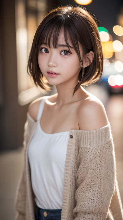 Tabletop, Highest quality, One Girl, (beautiful girl, Delicate girl:1.3), (:1.3), Definition of very fine particles, (Symmetrical eyes:1.3), night, ( Off the shoulder、Loose cardigan:1.2), Flat Chest, Brown eyes, Parted bangs, Brown Hair, Upper teeth, (Eye and facial details:1.0), (RAW Photos, Film Grain, chromatic aberration), (Bokeh: 1.1),,thin,Wet,