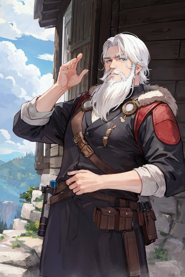 Adventurer's Equipment、middle-aged white-haired man、Short Beard、Center Parting