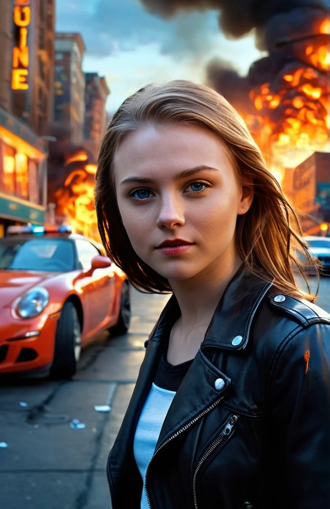 movie poster, 21 years old young women, look at the camera, the city is on fire, high detail, dramatic light, digital art, painted by seb mckinnon and greg rutkowski, trending on artstation