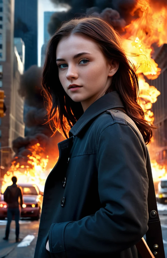movie poster, 21 years old young women,  look at the camera, the city is on fire, high detail, dramatic light, digital art, painted by seb mckinnon and greg rutkowski, trending on artstation