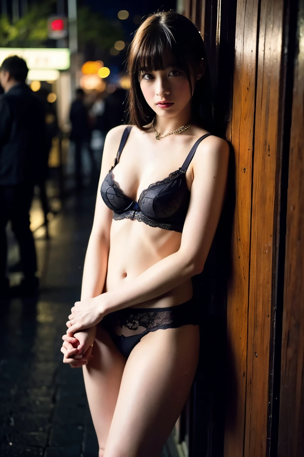 masterpiece, high quality,16K,8k,beautiful,Get used to it,Exquisite,extremely Get used to it, finely Get used to it, high quality, insanely Get used to it, ultra Get used to it, Ultra-high resolution, high quality, beautiful face, Japanese, Browsing Caution,(lingerie:1.3),Wet,She is short,A woman holds her breasts with both hands, Rainy night、Illuminated by the neon lights of the bustling downtown area.,Glowing Skin,Detail Skin,It gives me goosebumps,A small smile