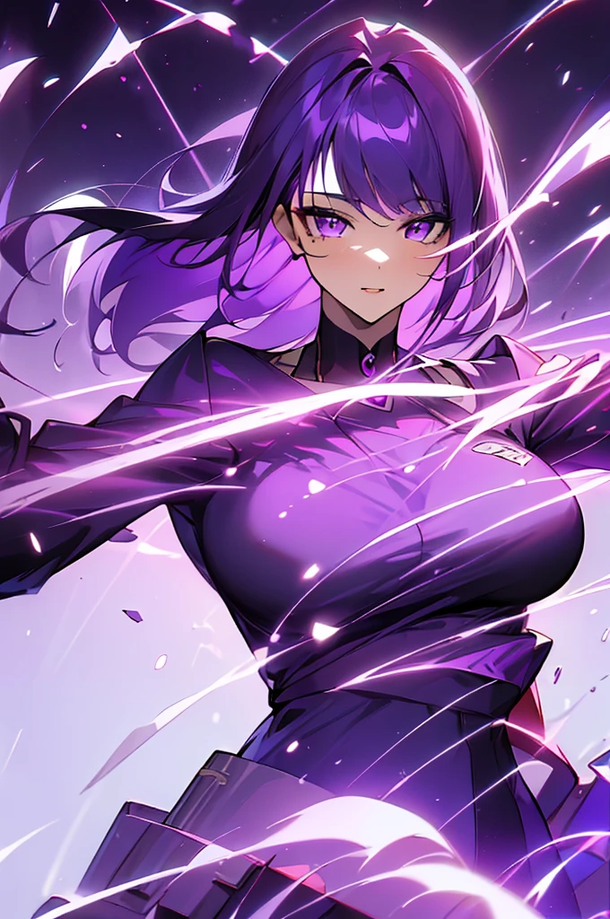 Masterpiece, top quality, 25 years old one girl, purple haired, attractive, beautiful, she is standing with a seductive pose, black ash background.