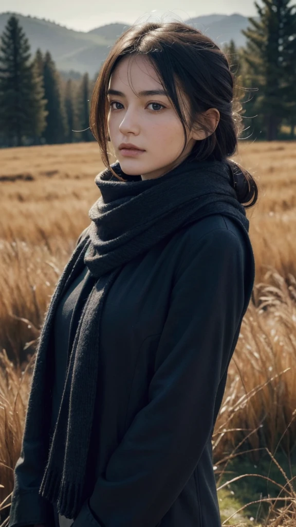 8k, best quality, masterpiece, realistic, ultra detail, photo realistic, Increase quality,
a photo of a girl standing in a field with a scarf, in the style of dark and brooding designer, voluminous mass, photobash, serene faces, jagged edges, navy, natural beauty, close-up shot
