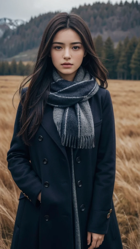 8k, best quality, masterpiece, realistic, ultra detail, photo realistic, Increase quality, 
a photo of a girl standing in a field with a scarf, in the style of dark and brooding designer, voluminous mass, photobash, serene faces, jagged edges, navy, natural beauty, close-up shot
