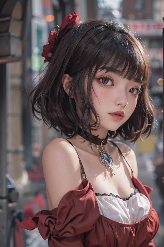 ((Upper Body))、((One Girl))、(20th Generation)、((Very short hair))、((Straight bangs))、((Black-haired))、(Take in the view)、Gothic ta、((Black maid outfit))、(Eye patch for left eye)、(Realistic:1.2)、In 8K、(High Quality Shadows)、Beautiful and delicate face、Beautiful and delicate eyes、Cute K-pop Idol、(The Face of Ulzan in Korea)、(Urzan-6500-v1.1:0.6)、Glowing Eyes、Perfect body、Natural color reproduction、((Strong light))、Bright red lipstick、(choker)、((Brown eyes))、Shiny Hair、Description of beautiful and delicate hair、(Glowing Skin)、(night)、Japanese、(dark alley between buildings)、Street lamp、Shoulder Bare、Small red rose tattoo on the décolletage、Just one tattoo