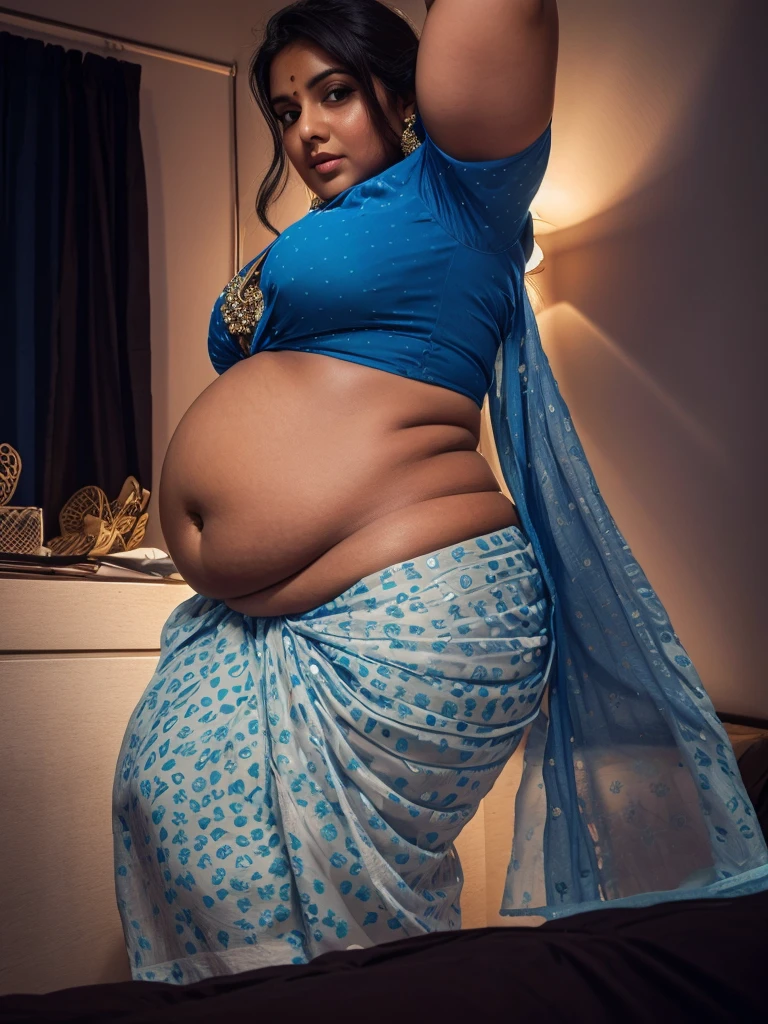 indian.plus size bhabhi wearing blue skirt and blue blouse, she has big belly wide hips, big buttocks , fat legs