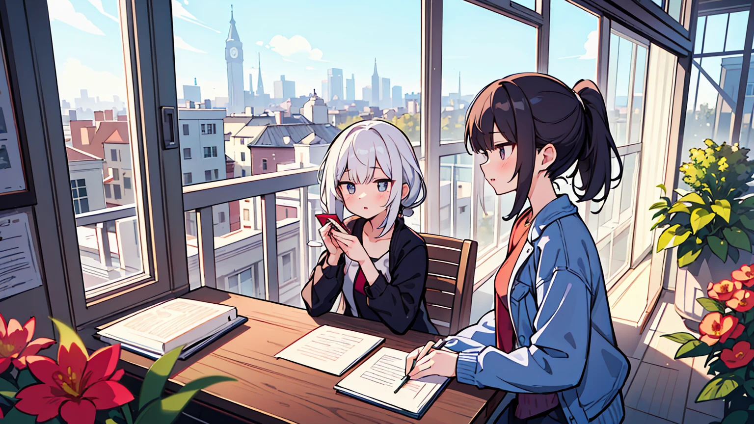 (masterpiece, best quality),Two women with different faces and hairstyles, different hair colors, different faces, ponytail, letterboxed, perfection of fashion,chapped lips, casual attire, whole body, from the side,Rooftop terrace with a view of the flower garden outside the glass window, study at the table, eyes look at the note, together, stylish outfit,