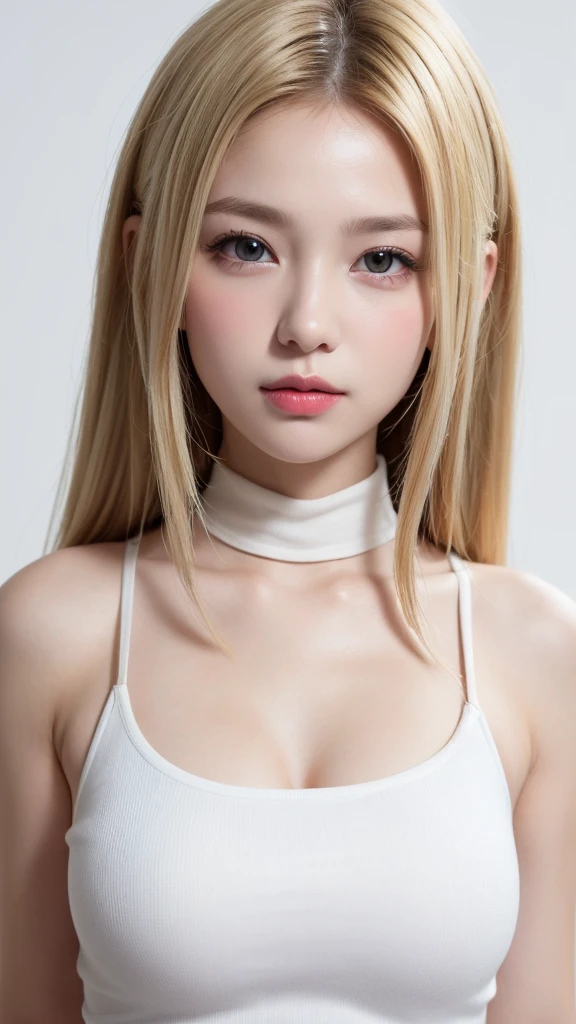 (((forehead、Northern Europe、White、beautiful girl、ホワイトblonde、White Background、High neck、Tank top、cute、young、True Face、Shiny Hair、whole body)))、Tabletop, Highest quality, shape, Very detailed, finely, High resolution, 8k wallpaper, Perfect dynamic composition, finelyて美しい目, Deco Out,blonde, chest, Natural color lip,White Background, random cute poses,