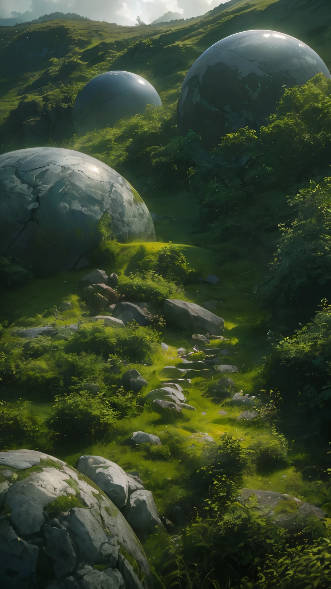 a giant magnificent sphere floating in the mountains, (best quality,4k,8k,highres,masterpiece:1.2),ultra-detailed,(realistic,photorealistic,photo-realistic:1.37),HDR,UHD,studio lighting,ultra-fine painting,sharp focus,physically-based rendering,extreme detail description,professional,vivid colors,bokeh,landscape,cinematic,dramatic lighting,volumetric clouds,glowing,highly saturated,lush greenery,dramatic shadows,intricate details,epic proportions