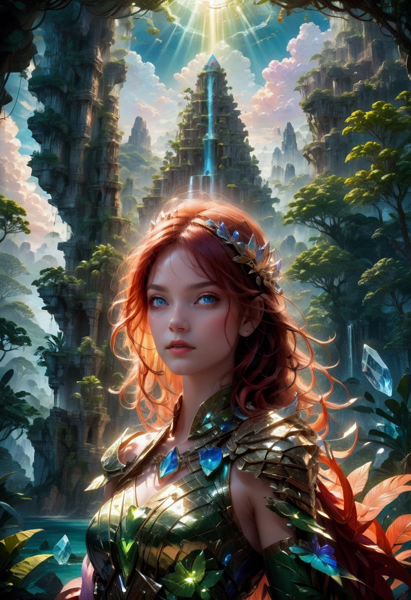 1girl, a mysterious island, a magical fantasy tropical island, lush green jungle, ancient ruins, glowing crystals, warm sunlight, vibrant colors, dramatic skies, fantasy landscape, highly detailed, cinematic lighting, intricate details, a sense of wonder and adventure, (4k,8k,highres:1.2), ultra-detailed, masterpiece, best quality, very aesthetic, absurdres