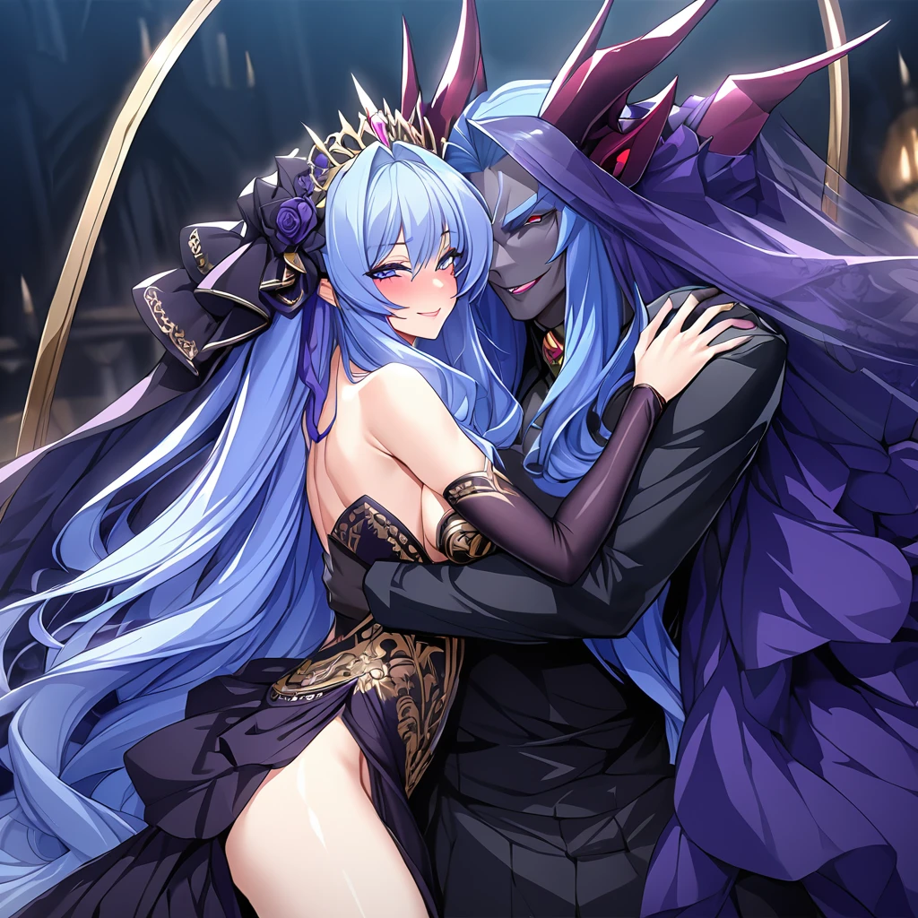 ((Highest quality)), ((masterpiece)), (detailed), (Perfect Face)、The woman is hugging and kissing the great evil demon king man、The woman is the evil queen, Extia, with medium-long blue hair, a gorgeous black wedding dress with gold embroidery and trim, a black wedding veil, an engagement ring, gorgeous accessories, lipstick and makeup, and a dignified, beautiful evil queen.、The woman has a big, happy smile、The man is naked, a great and powerful demon king, a majestic great demon