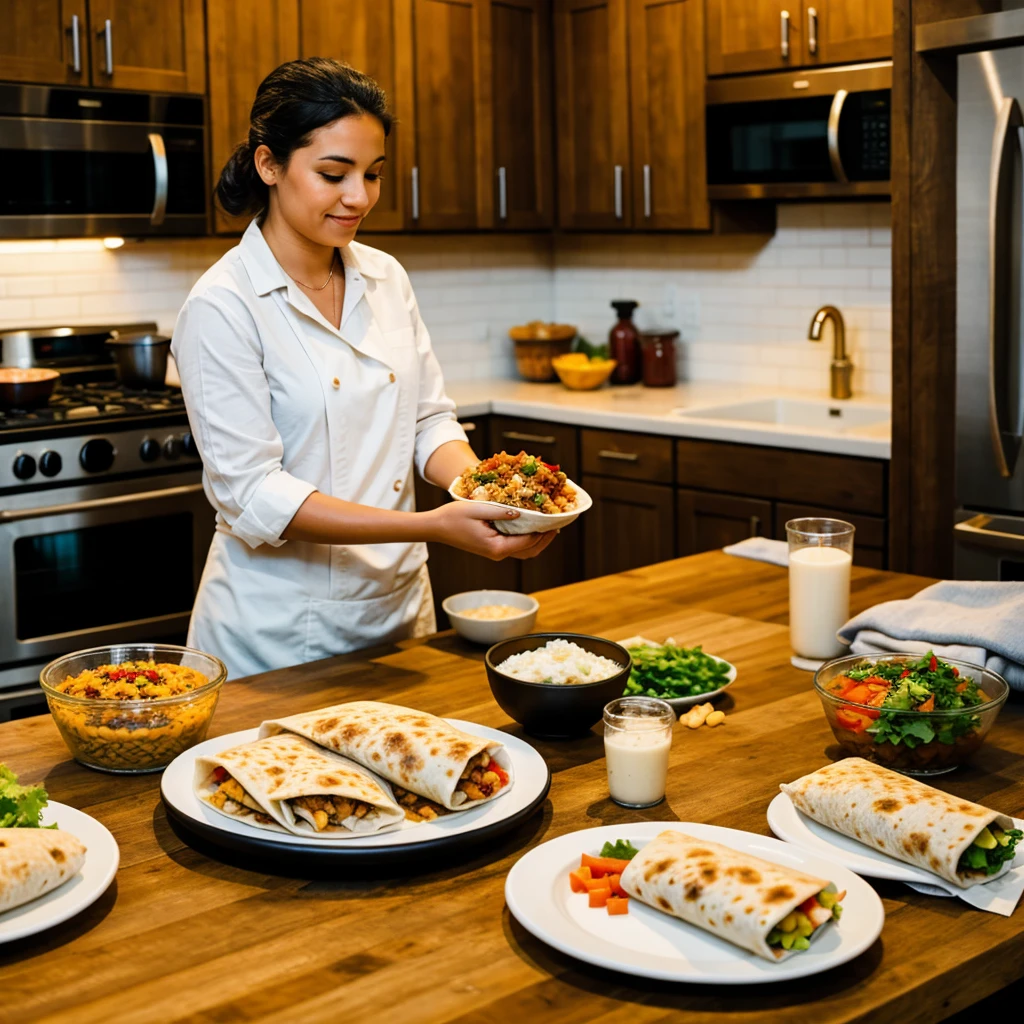 Woman preparing burritos and the table full of burritos