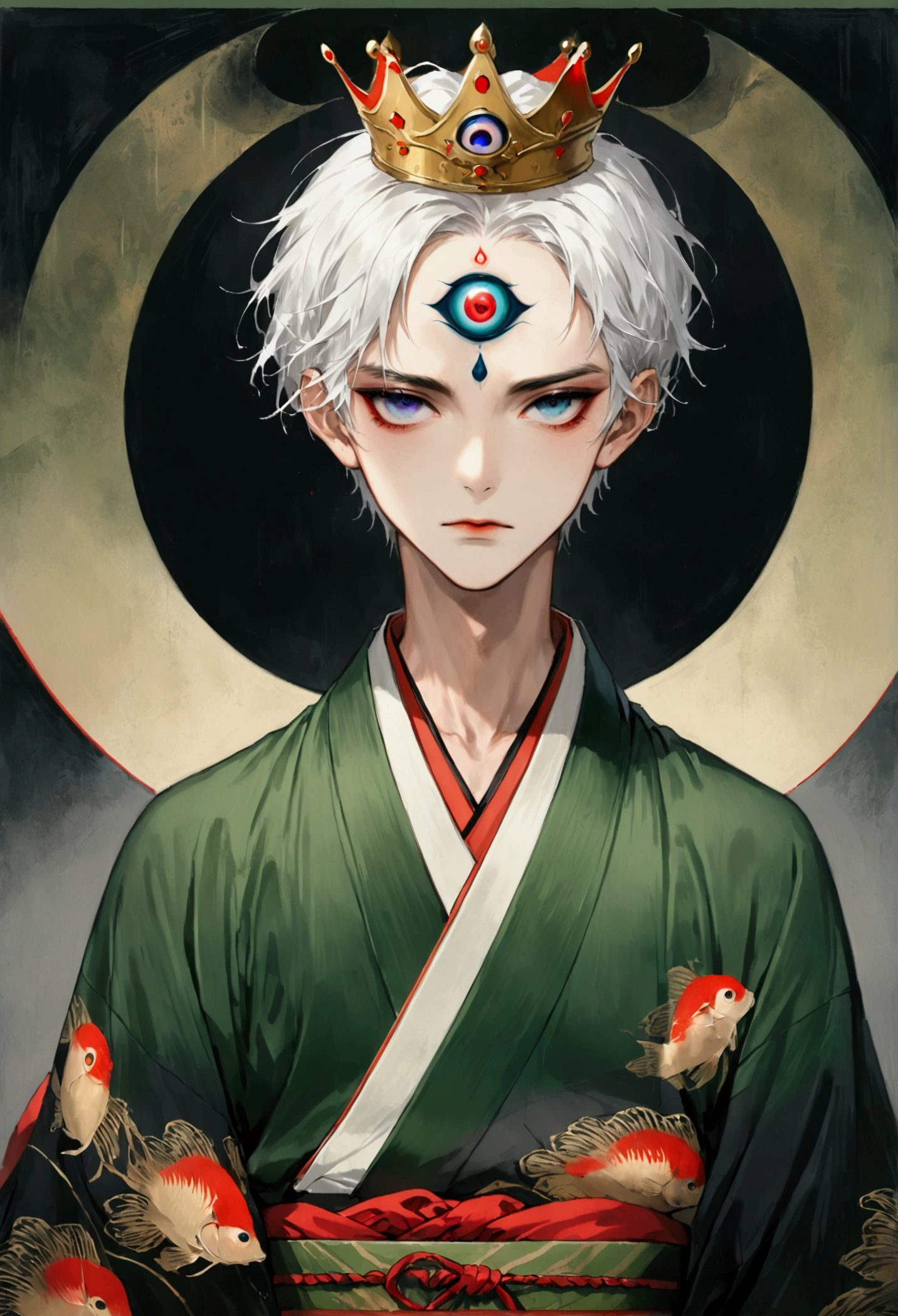 (((1Boy wearing a crown，独奏，third eye on the forehead，Dark eyeshadow.Middle-parted white hair-super short hair，))),(((Gorgeous Japanese kimono：1.6，Eye Diagram，Dark Pattern))).(((Thin waist，Greenbelt：1.37)))，cool