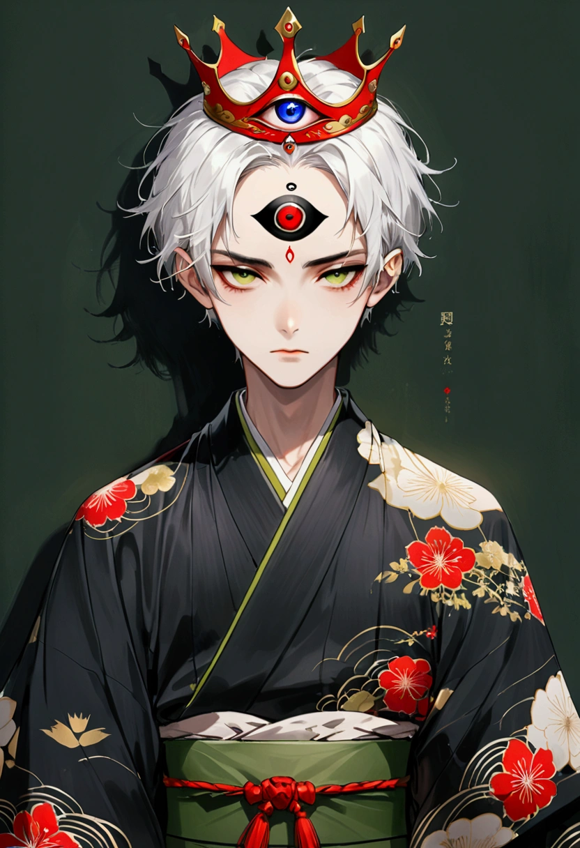 (((1Boy wearing a crown，独奏，third eye on the forehead，Dark eyeshadow.Middle-parted white hair-super short hair，))),(((Gorgeous Japanese kimono：1.6，Eye Diagram，Dark Pattern))).(((Thin waist，Greenbelt：1.37)))，cool