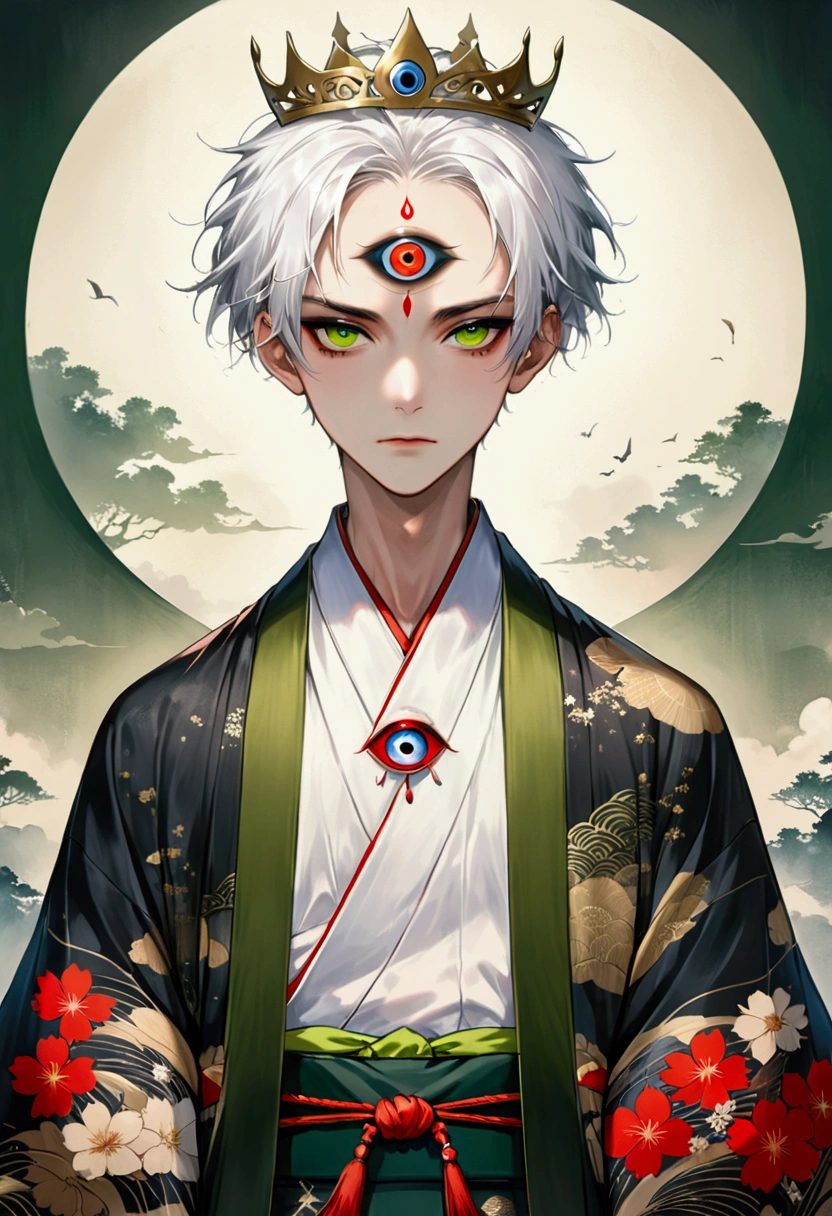 (((1Boy wearing a crown,独奏,third eye on the forehead,Dark eyeshadow.Middle-parted white hair-super short hair,))),(((Gorgeous Japanese kimono:1.6,Eye Diagram,Dark Pattern))).(((Thin waist,Greenbelt:1.37))),cool