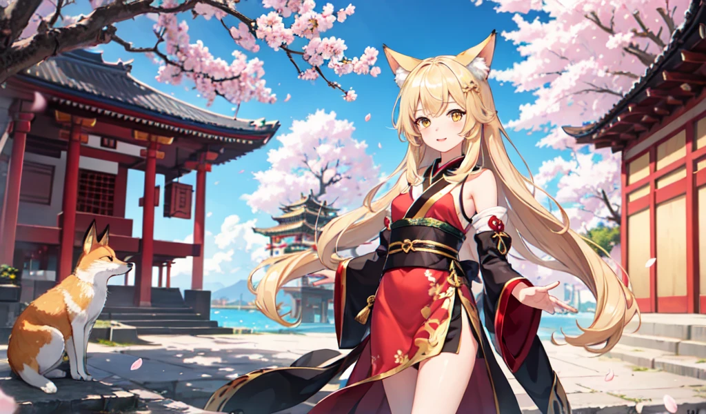 masterpiece, Highest quality, One girl, Yellow Eyes, Medium Hair, stage, cherry blossoms, Temple, Fox Girl, Removable sleeves, Animal ears, Happy, Put your arms behind your back,