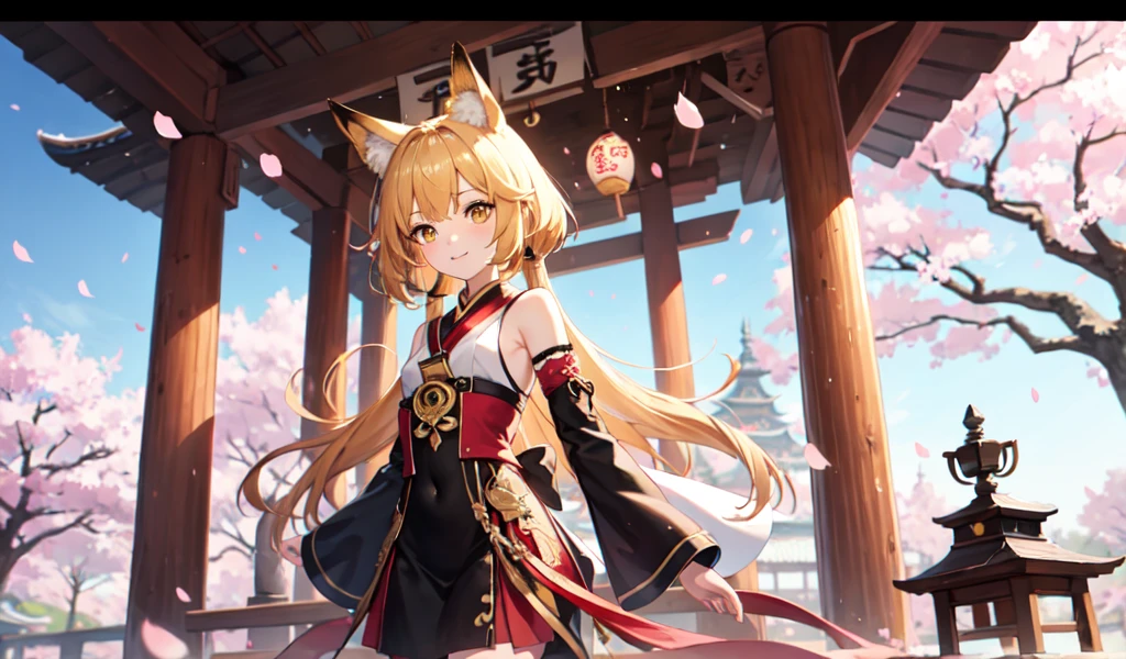 masterpiece, Highest quality, One girl, Yellow Eyes, Medium Hair, stage, cherry blossoms, Temple, Fox Girl, Removable sleeves, Animal ears, Happy, Put your arms behind your back,