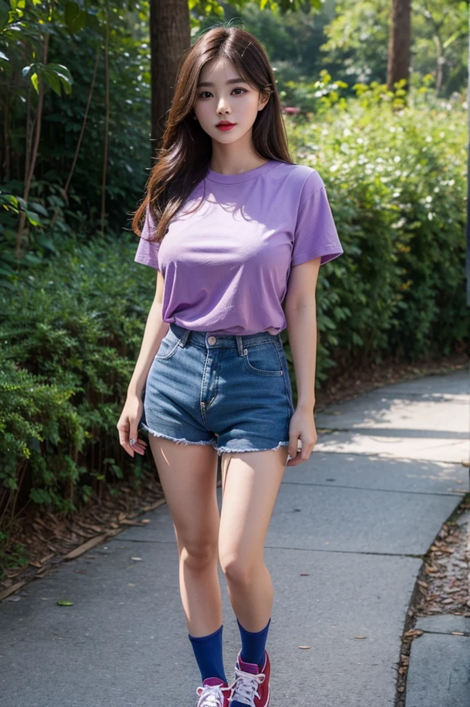 A very cute girl, solo, young, wearing purple tshirt and short pants, big breasts, white and smooth skin, standing, long hairs, red lip, at forest realistic face, full body, blue shoes