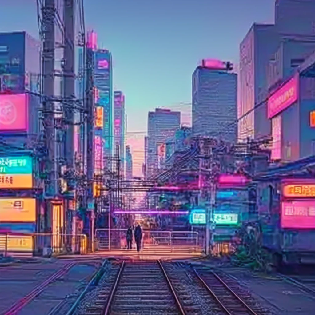 there is a train that is going down the tracks in the city, Vaporwave City, Japanese cities pop color palette, Dreamy and colorful cyberpunk colors, The aesthetics of vaporwave, colorful aesthetic, Japanese cities, The Aesthetics of Synthwave, Colorful Fox City, Cyberpunk aesthetic, lo fi colors, lo - Fine Color, Vaporwave Nostalgia, Japanese Street, Beeple Daily Art