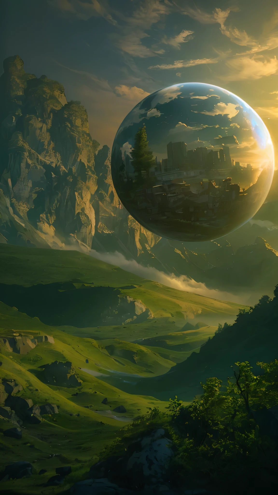 a giant magnificent sphere floating in the mountains, (best quality,4k,8k,highres,masterpiece:1.2),ultra-detailed,(realistic,photorealistic,photo-realistic:1.37),HDR,UHD,studio lighting,ultra-fine painting,sharp focus,physically-based rendering,extreme detail description,professional,vivid colors,bokeh,landscape,cinematic,dramatic lighting,volumetric clouds,glowing,highly saturated,lush greenery,dramatic shadows,intricate details,epic proportions