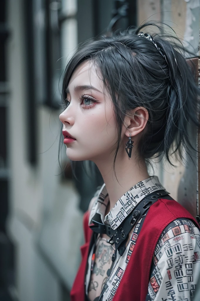 Highest quality、8k、masterpiece:1.3、Gothic Punk、Red on the inside、Gray Black Hair、hair ornaments、beautiful girl、creative、Punk Style、Neogoth、Goth Fashion:0.8、High resolution、masterpiece、Highest quality、頭w:1.3、((Hasselblad Photos))、Fine skin、Sharp focus、(Cinema Lighting)、shirt, Shoulder out, Modest chest