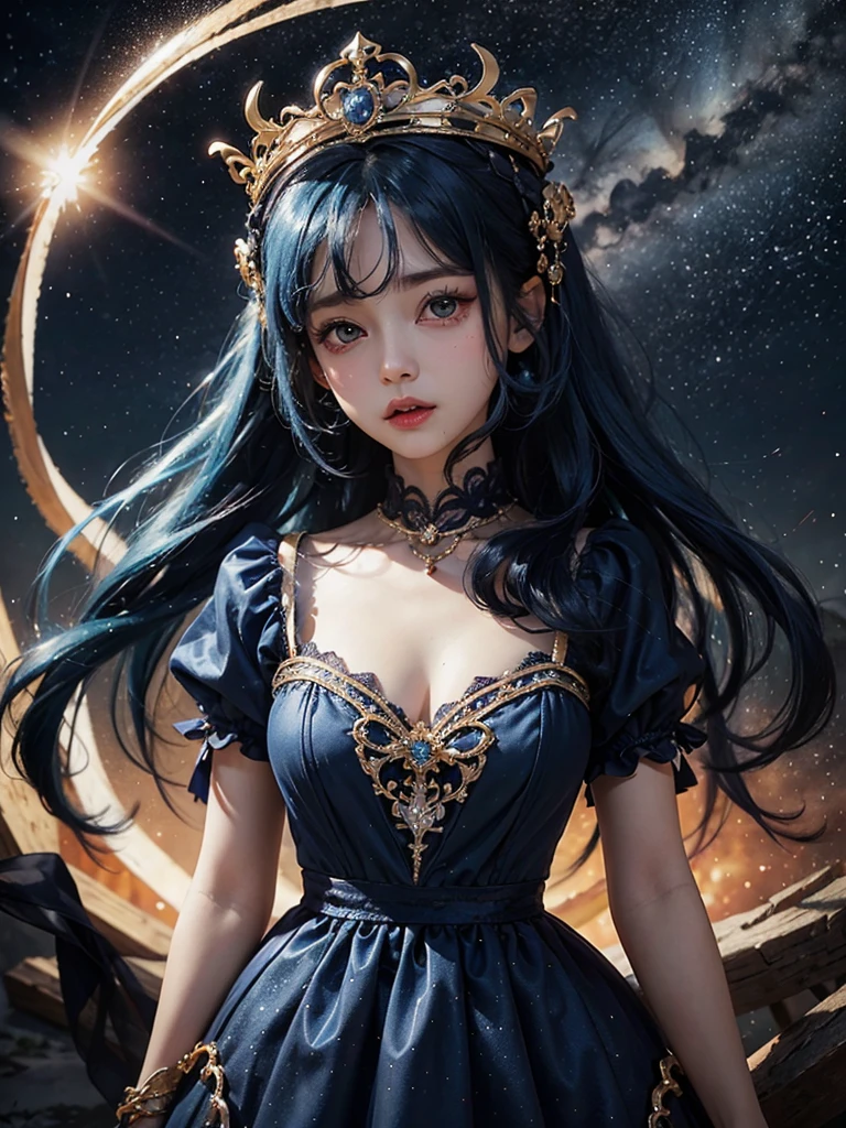 Ultra HD、A beautiful blue-haired character、Upper Body、幼児のようなBig eyes、Big eyes、Round eyes、prayer、Red burning cheeks、Night scene with starry sky background、Wearing a gorgeous dress、Subtle details、A fantastic atmosphere、Anime style