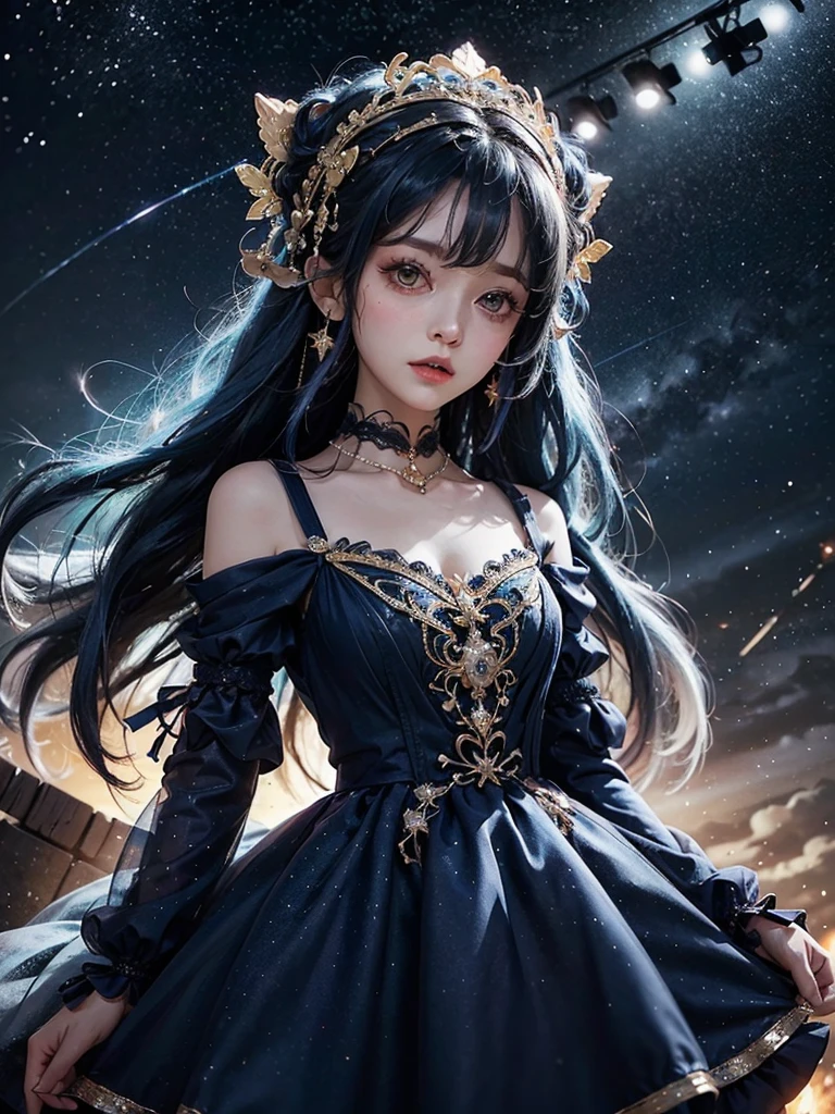 Ultra HD、A beautiful blue-haired character、Upper Body、幼児のようなBig eyes、Big eyes、Round eyes、prayer、Red burning cheeks、Night scene with starry sky background、Wearing a gorgeous dress、Subtle details、A fantastic atmosphere、Anime style