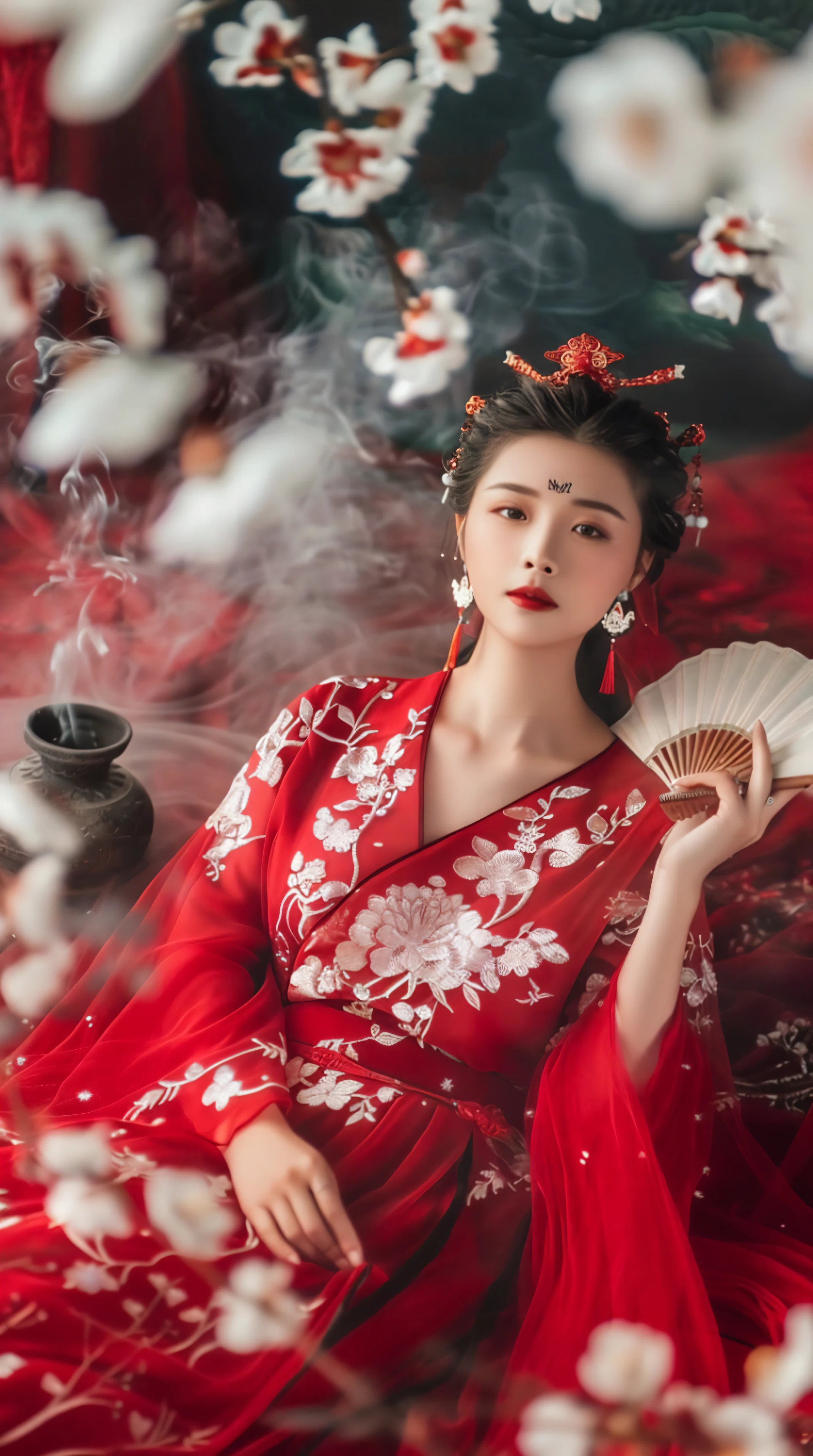 古风美人，红衣飘飘，梅花环绕