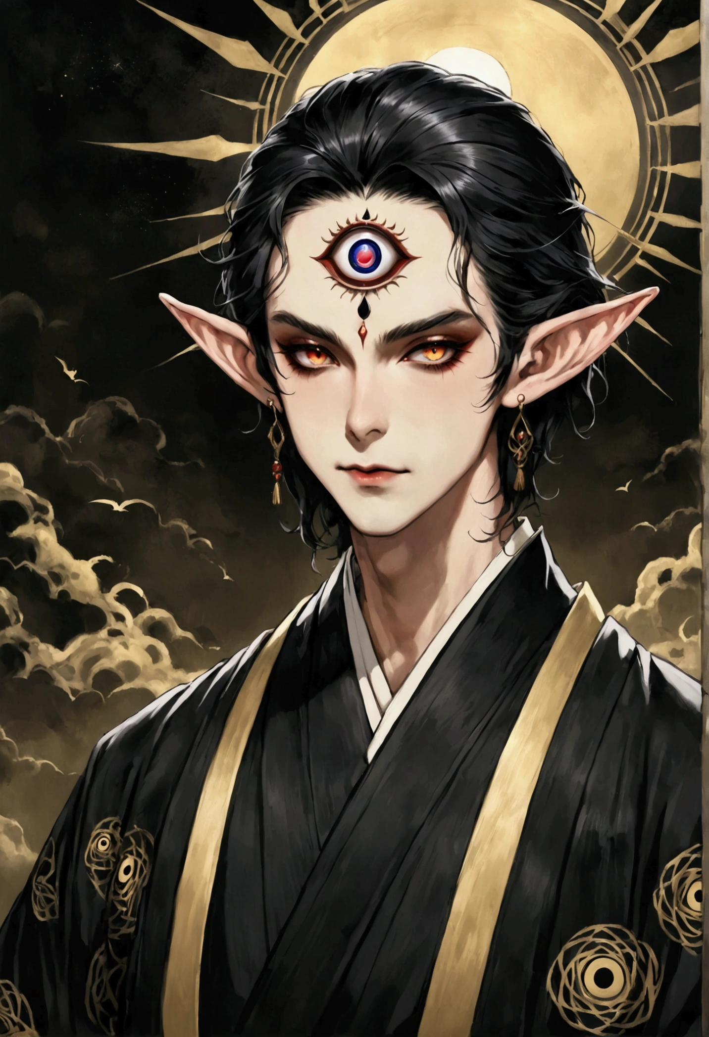 Dark illustration,(((1 Prince,独奏,third eye on the forehead,Dark eyeshadow.Elf ears))),(((Japanese robe kimono:1.6))).whole body,black and gold