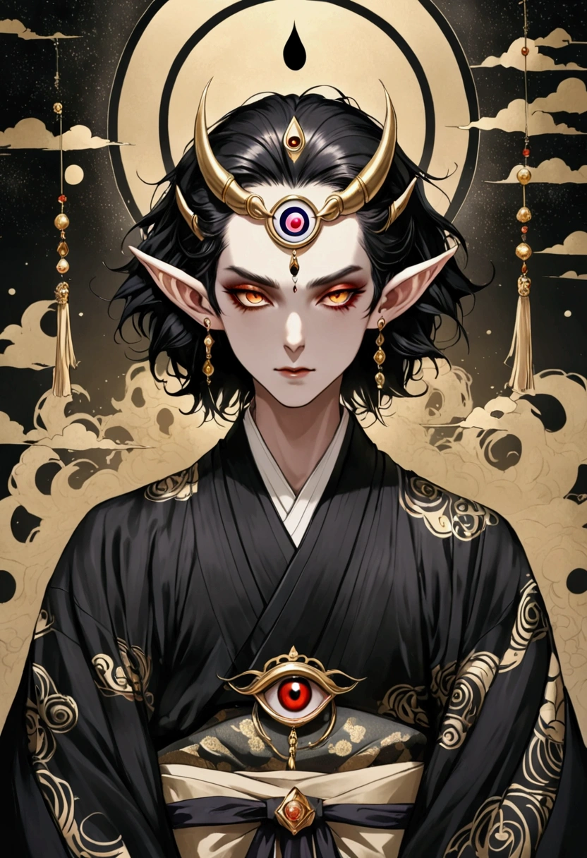 Dark illustration,(((1 Prince,独奏,third eye on the forehead,Dark eyeshadow.Elf ears))),(((Japanese robe kimono:1.6))).whole body,black and gold