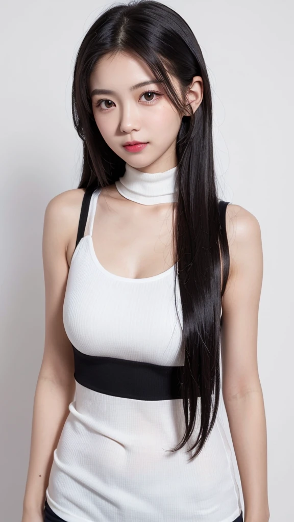 (((forehead、Northern Europe、White、beautiful girl、Black Hair、White Background、High Neck Tank Top、cute、young、True Face、Shiny Hair、whole body)))、Tabletop, Highest quality, shape, Very detailed, finely, High resolution, 8k wallpaper, Perfect dynamic composition, finelyて美しい目, Deco Out,blonde, chest, Natural color lip,White Background, random cute poses,
