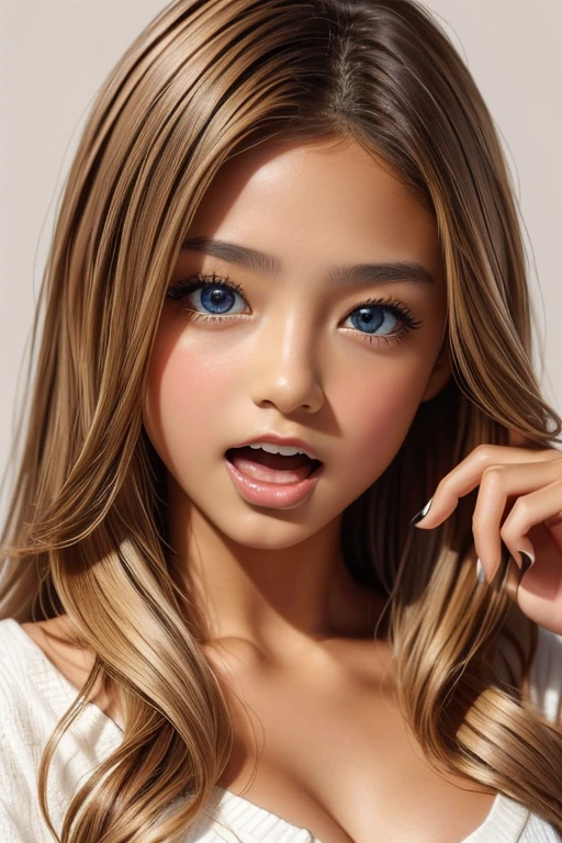 one girl, (((Open your mouth)))、Put your hand over your mouth、Beautiful breasts、 Brown eyes, ((Gal Hairstyles)) blonde, girl, (Eye and facial details:1.0), break, (masterpiece, Highest quality, Very detailed, Detailed face, 8k)