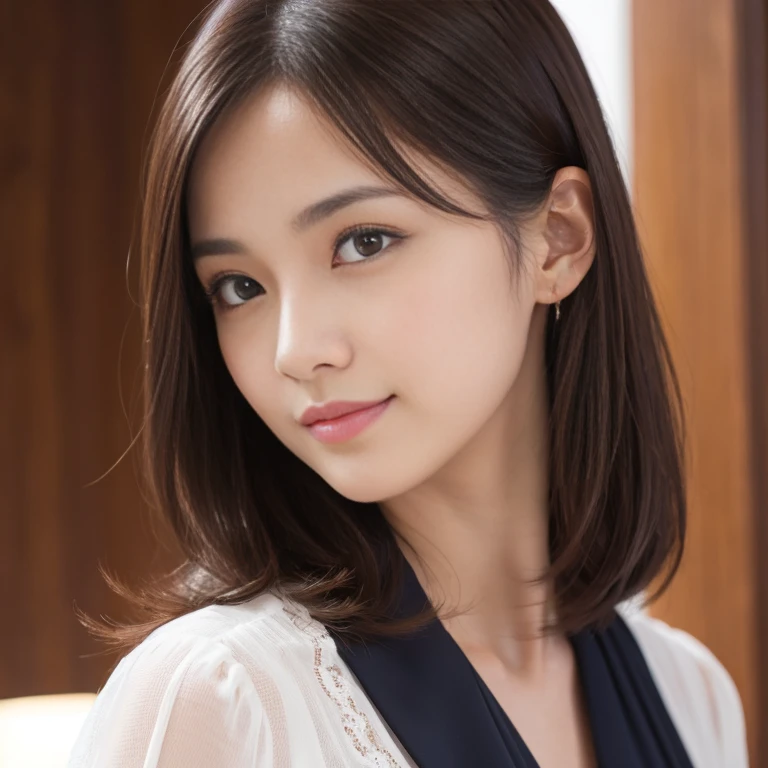 (Her breasts are in full view:1.5)、Nipples are visible、(RAW Photos), (Realistic), (masterpiece), (highest quality), High resolution, 8K resolution, (Intricate details), (Volumetric Light), Portraiture, woman,, short hair, Straight hair, Layered Hair, Brown haired, Highly detailed eyes, Source order, Very thin eyebrows, Highly detailed skin, Highly detailed mouth, Highly detailed nose, Cute like an idol, smile, ((Thick lips)), ((Look at the viewers)), (Elegant blouse)、Cleavage、The color of the clothes is up to you、The color of her underwear is see-through colorful、