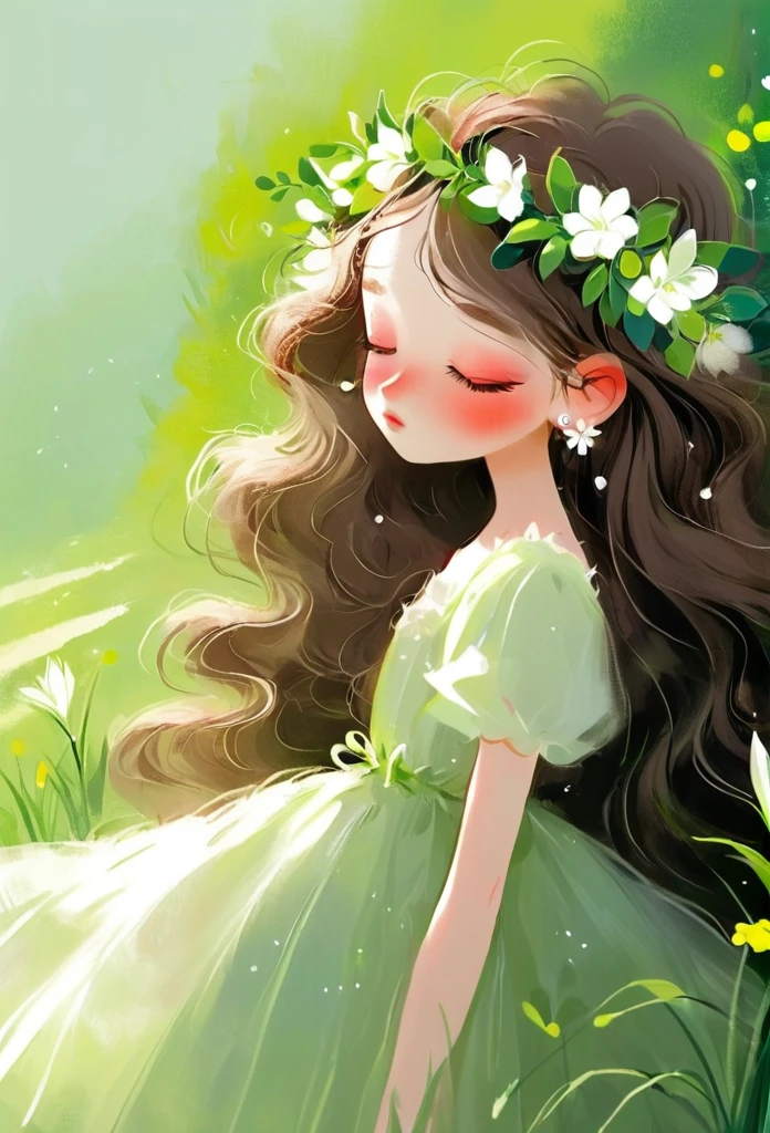 Rough texture,Hand-drawn style:1girl,closed eyes,dress,earrings,flower,grass,green background,head wreath,jewelry,leaf,long hair,plant,solo,white dress