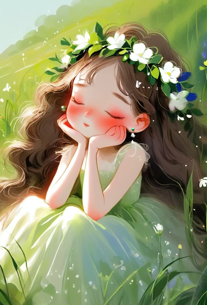 Rough texture,Hand-drawn style:1girl,closed eyes,dress,earrings,flower,grass,green background,head wreath,jewelry,leaf,long hair,plant,solo,white dress