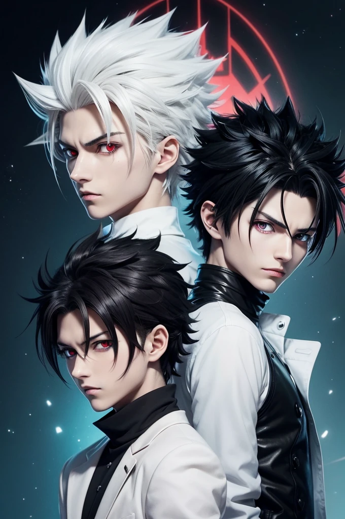 Create a Hunter x Hunter style male anime character. black spiky hair, red eyes with white irises that glow in the dark, neutral expression, wearing white and black clothes similar to Hisoka&#39;s, body with 8 tarantula legs coming out of the back, he has features of a tarantula spider. look like serious Killua on a black background