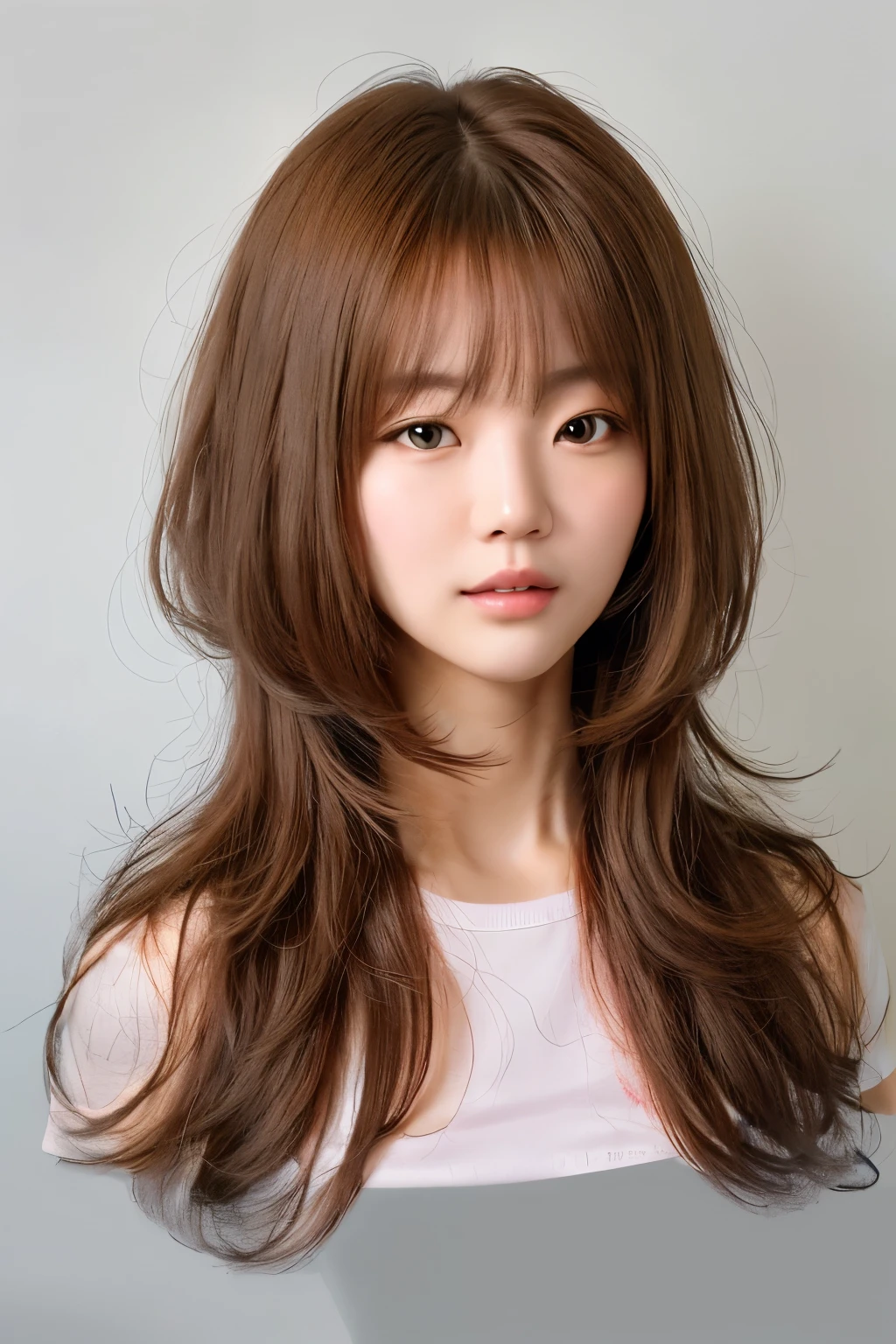 Best Quality, 8k, Masterpiece, (Portrait: 1.3), (photo realistic:1.4), (hyper realistic:1.4), Sharp Focus, looking at viewer, (smoother lighting:1.1), (increase cinematic lighting quality:0.9), realistic lighting, backlighting, light on face, ray trace, (brightening light:1.2), (Increase quality:1.4), sharp detail, (best quality real texture skin:1.4), finely detailed eyes, black_eyes, finely detailed face, 25 year old Korean woman, (white t_shirt:1.4), (Create an image maintaining the original base model hairstyle:1.5)