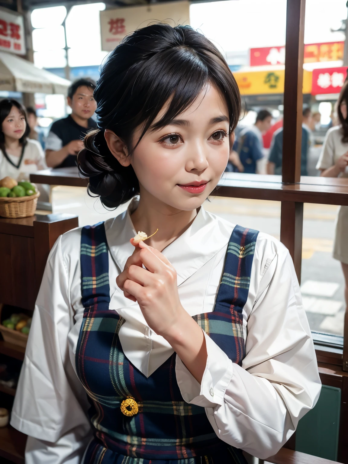 A young Asian woman eating a donut, close-up portrait, street food scene, double bun hairstyle, white puffy sleeve blouse, plaid overall dress, shallow depth of field, soft natural lighting, urban background with bokeh, nostalgic color grading, 85mm lens, high detail, photorealistic