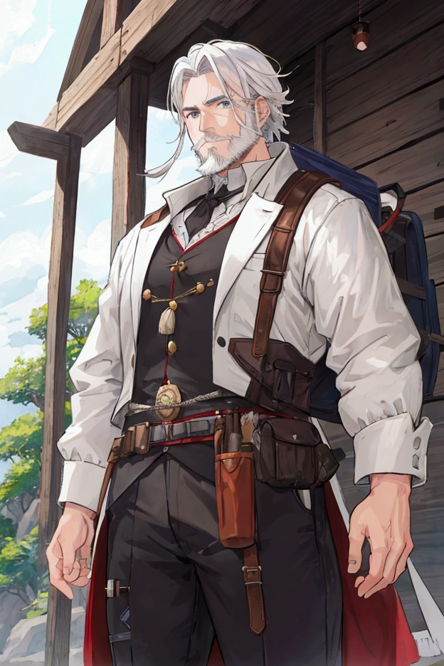 Adventurer's Equipment、middle-aged white-haired man、Short Beard、Center Parting